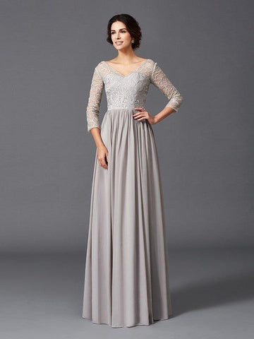 A-Linie/Princess-Linie V-Ausschnitt Rüschen 3/4 Ärmel Lang Chiffon Brautmutterkleider