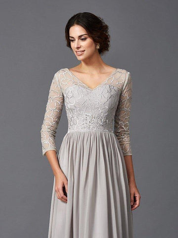 A-Linie/Princess-Linie V-Ausschnitt Rüschen 3/4 Ärmel Lang Chiffon Brautmutterkleider
