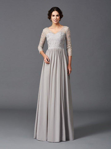 A-Linie/Princess-Linie V-Ausschnitt Rüschen 3/4 Ärmel Lang Chiffon Brautmutterkleider