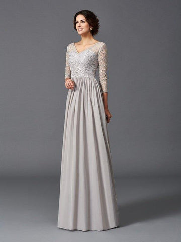 A-Linie/Princess-Linie V-Ausschnitt Rüschen 3/4 Ärmel Lang Chiffon Brautmutterkleider