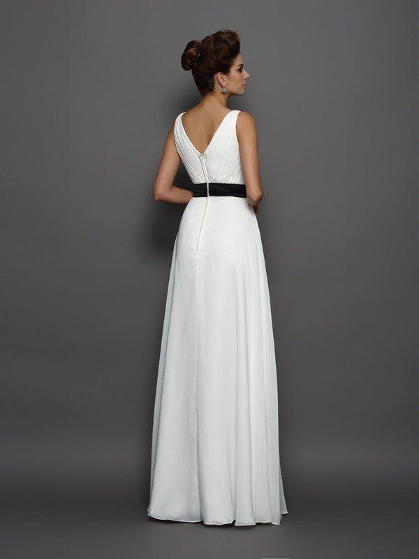 A-Line/Princess V-neck Sash/Ribbon/Belt Sleeveless Long Chiffon Wedding Dresses