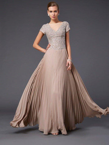 A-Linie/Princess-Linie V-Ausschnitt Kurze Ärmel Perlen verziert Lange Chiffon Brautmutterkleider