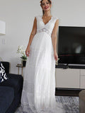 Abito da Sposa a Linea A/Principessa con Scollo a V, Maniche Corte, Pizzo e Arricciature Lungo fino a Terra