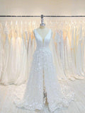 Vestidos de noiva sem mangas, corte A/princesa, decote em V, crepe elástico, aplicações, cauda longa/escova