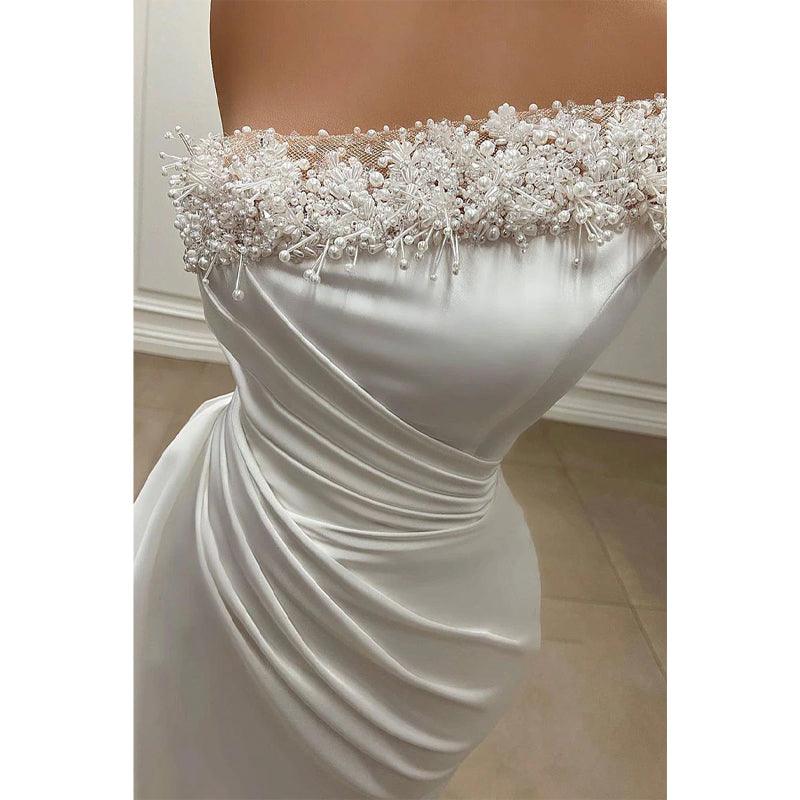 Sheath Strapless Beaded Pleats Prom Dress Evening Wedding Dress