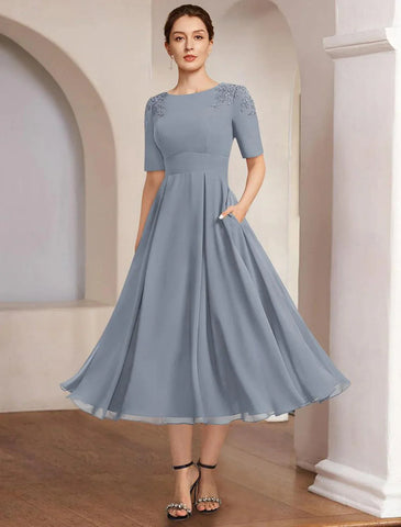 Kleid für die Brautmutter, elegant, halslang, Chiffon, halbe Ärmel, mit Spitze