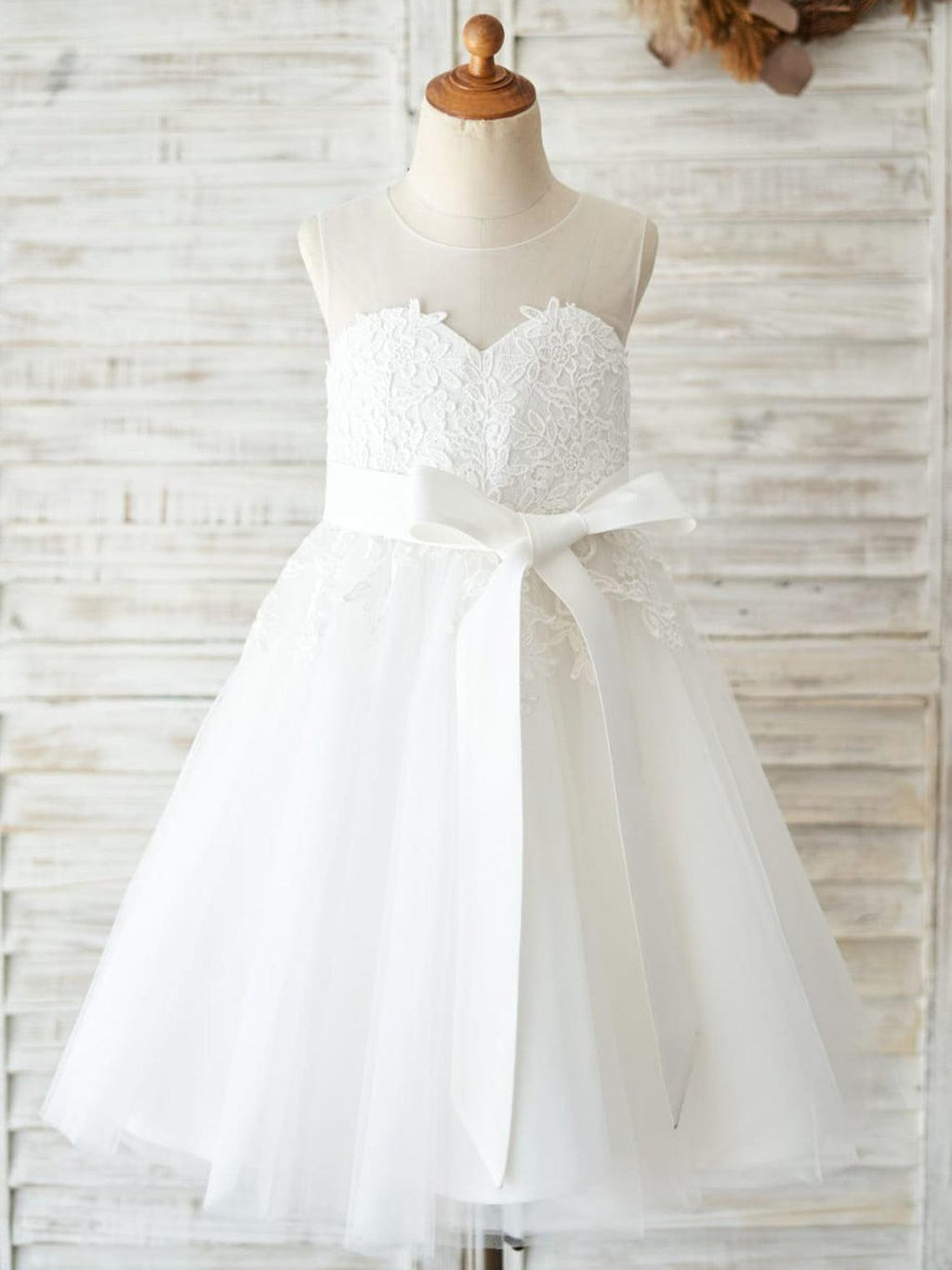 Lace Tulle Knee-length First Communion Flower Girl Dress