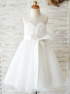 Lace Tulle Knee-length First Communion Flower Girl Dress