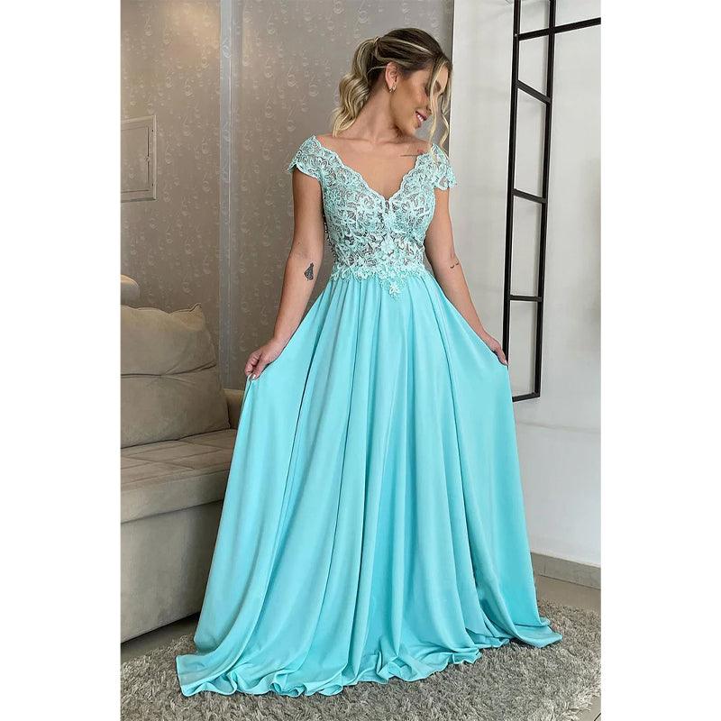 Vestido de noite comprido, sexy, com decote em V e renda, corte A, tamanho grande, para mãe da noiva 