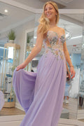 Abito da Ballo Lungo in Chiffon Cuore con Appliques Color Lilla