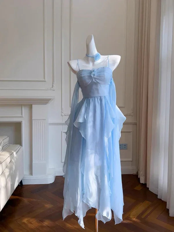 Einfaches Homecoming-/Partykleid aus Chiffon mit blauen Trägerbändchen Y8581