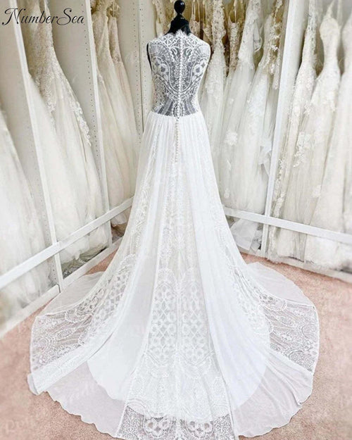 Abito da Sposa Linea A Scollo Smerlato Vestito da Sposa in Pizzo Chiffon Senza Maniche con Inserti in Tulle Stile Bohémien Abiti da Sposa per Cerimonia