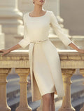 Vestidos elegantes, formais, para convidados de casamento, elegante, decote em joia, comprimento até ao joelho, tecido elástico, manga 3/4, com laço(s), cristais, vestido para mãe da noiva