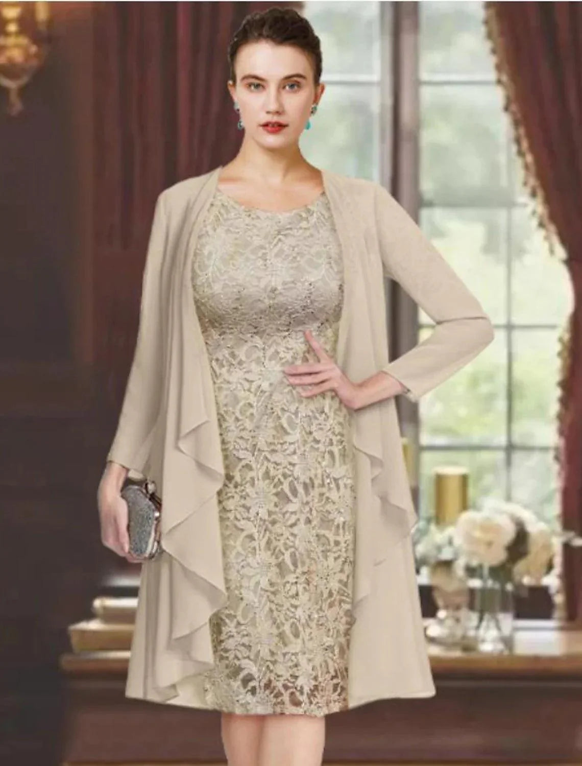 Vestido de mãe da noiva de duas peças, bainha/coluna, formal, para convidada de casamento, elegante, decote redondo, comprimento até ao joelho, chiffon, renda, manga curta, vestidos com casaco e cor sólida