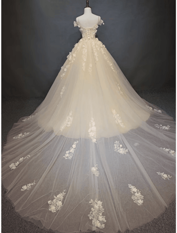 Verlobung Vintage Formale Brautkleider Kapelle Zug Ballkleid Flügelärmeln Off Shoulder Tüll Mit Perlen Applikationen