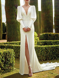 Hall Open Back Royal Style Herbst Formelle Brautkleider Etui/Säule V-Ausschnitt Langarm Hofschleppe Stretch-Stoff Brautkleider mit geteilter Vorderseite Volltonfarbe