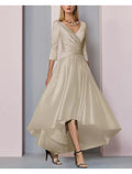 Kleid für die Mutter der Braut, Hochzeitsgast, elegant, hoch und tief, V-Ausschnitt, asymmetrisch, knöchellang, Satin, halbe Ärmel mit Falten
