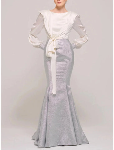 Meerjungfrau/Trompete Kleid für die Brautmutter, Hochzeitsgast, Party, U-Ausschnitt, Pinselschleppe, Stretch-Satin, lange Ärmel mit Schleife(n), Rüschen