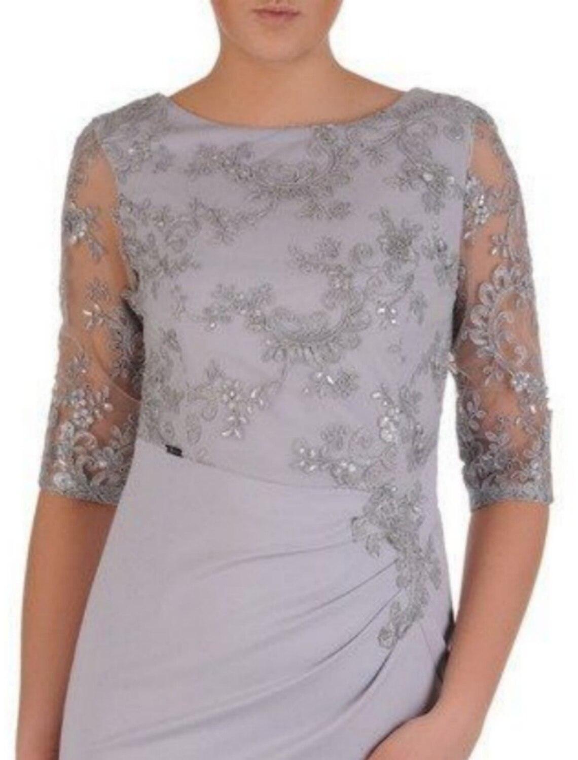 Vestido de festa para mãe da noiva, bainha/coluna, elegante, decote redondo, comprimento até ao joelho, chiffon, renda, meia manga com lantejoulas