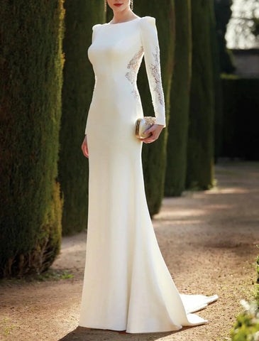 Saal Offener Rücken Royal Style Formelle Herbst-Brautkleider Meerjungfrau/Trompete Rundhalsausschnitt Langarm Sweep/Pinselschleppe Stretch-Stoff Brautkleider mit Volltonfarbe Sommerparty