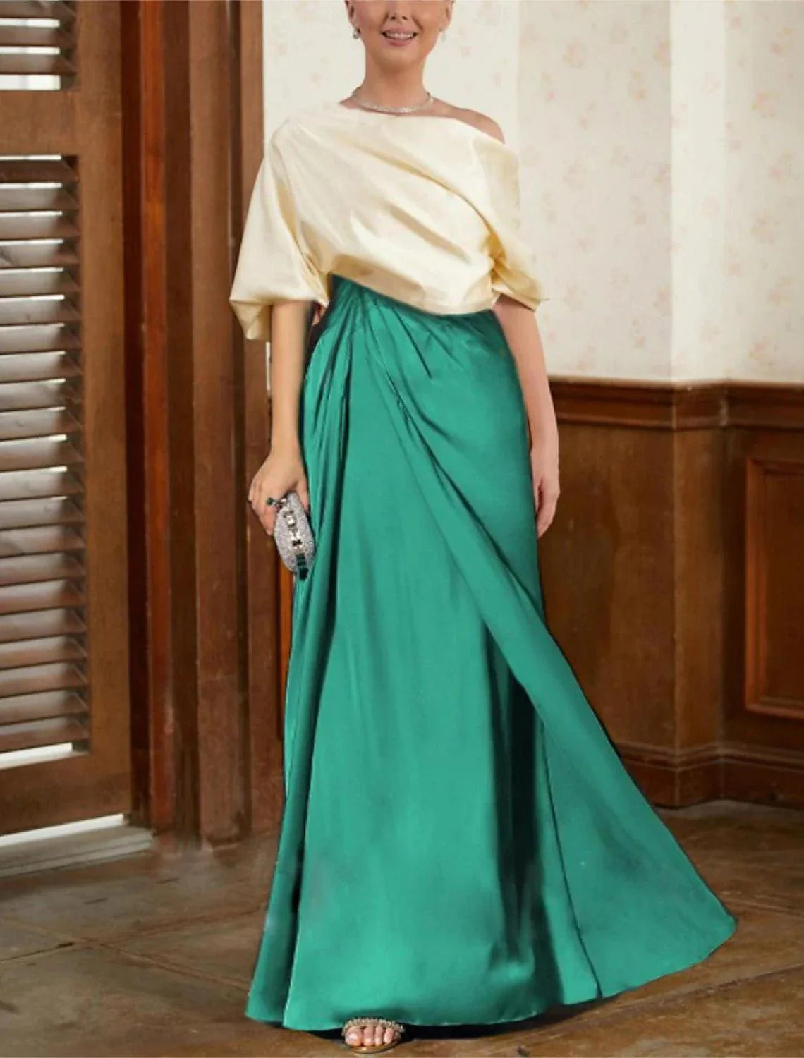 Vestido mãe da noiva elegante, vintage, sereia/trompete, festa, casamento, decote em bico, comprimento até ao chão, cetim, meia manga, com franzido, drapeado, duas peças