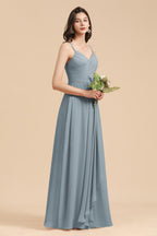 Affordable V-Neck Ruffle Dusty Blue Chiffon Bridesmaid Dresses