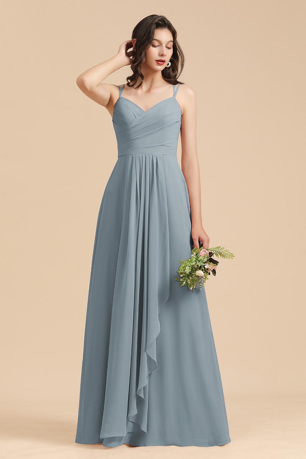 Affordable V-Neck Ruffle Dusty Blue Chiffon Bridesmaid Dresses