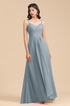 Affordable V-Neck Ruffle Dusty Blue Chiffon Bridesmaid Dresses