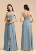 Affordable V-Neck Ruffle Dusty Blue Chiffon Bridesmaid Dresses