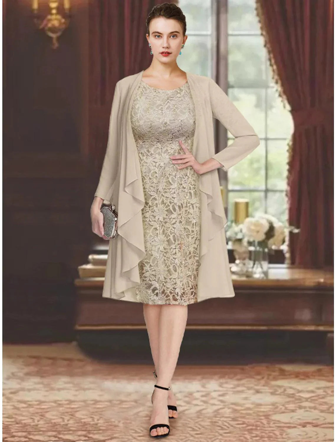 Vestido de mãe da noiva de duas peças, bainha/coluna, formal, para convidada de casamento, elegante, decote redondo, comprimento até ao joelho, chiffon, renda, manga curta, vestidos com casaco e cor sólida