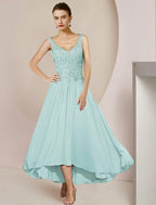 Zweiteiliges A-Linien-Kleid für die Mutter der Braut, formelle Hochzeitsgäste, elegant, hoher und niedriger V-Ausschnitt, asymmetrische Teelänge, Chiffon-Spitze, 3/4-Ärmel, Wickelkleid inklusive Pailletten-Applikationen