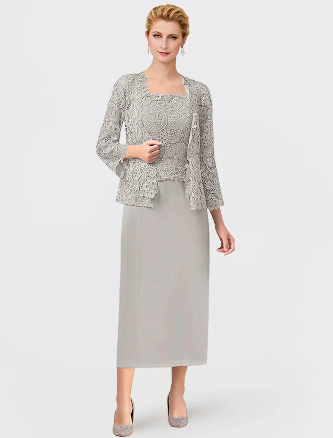 Vestido de mãe da noiva de duas peças, formal, para convidada de casamento, elegante, decote quadrado, comprimento até ao tornozelo, chiffon, renda, sem mangas, com aplicações incluídas