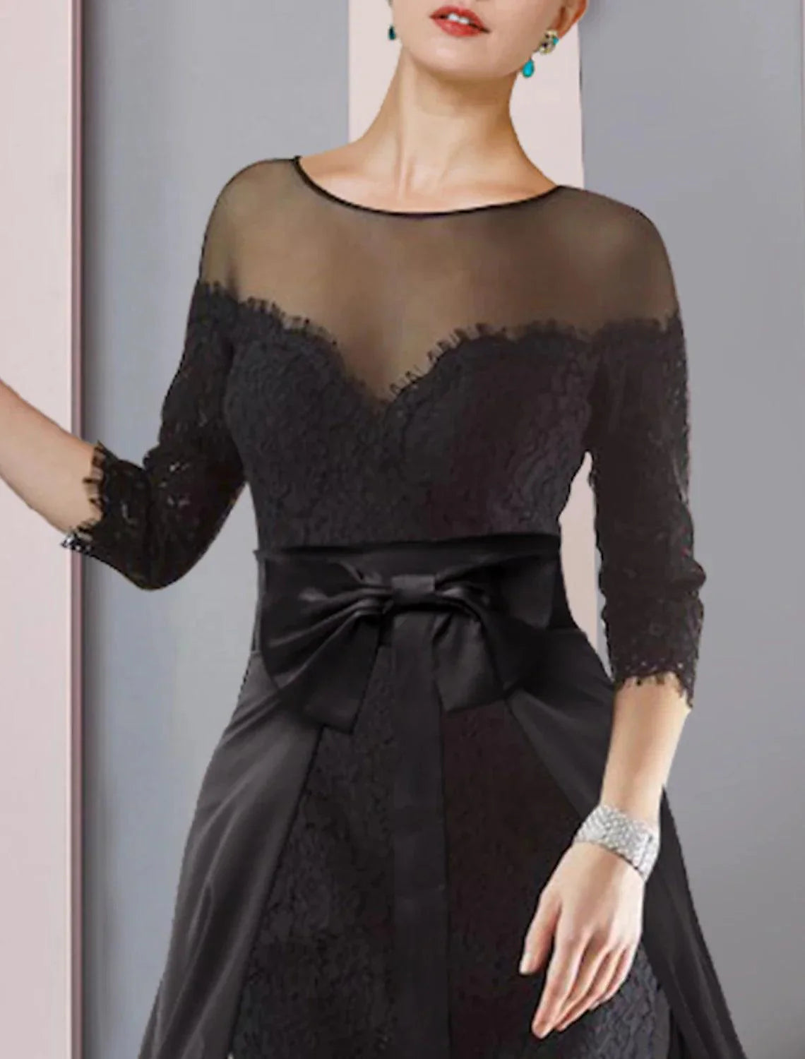 Vestido de mãe da noiva de duas peças, estilo coluna, formal, para convidada de casamento, elegante, destacável, decote redondo, comprimento até ao joelho, chiffon, renda, manga 3/4 com apliques de laço(s)