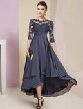 Etuikleid/Säulenkleid für die Brautmutter, Hochzeitsgast, Party, elegant, hoch, niedrig, Rundhalsausschnitt, asymmetrisch, Chiffon, Spitze, halbe Ärmel mit Falten, einfarbig