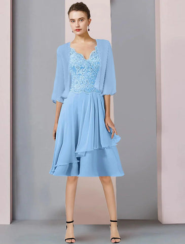 Zweiteiliges A-Linien-Kleid für die Mutter der Braut, formelle Hochzeitsgäste, eleganter V-Ausschnitt, knielang, Chiffon-Spitze, 3/4-Ärmel, Wickelärmel inklusive Perlen-Pailletten-Applikationen