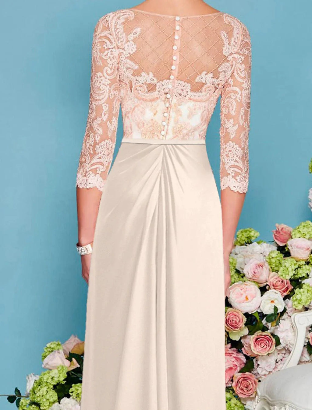 Vestido tubinho/coluna para mãe da noiva, convidada de casamento, luxuoso, elegante, decote redondo, comprimento até ao chão, chiffon, renda, manga 3/4 com aplicações de missangas