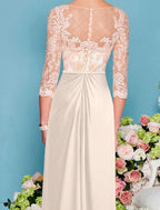 Vestido tubinho/coluna para mãe da noiva, convidada de casamento, luxuoso, elegante, decote redondo, comprimento até ao chão, chiffon, renda, manga 3/4 com aplicações de missangas