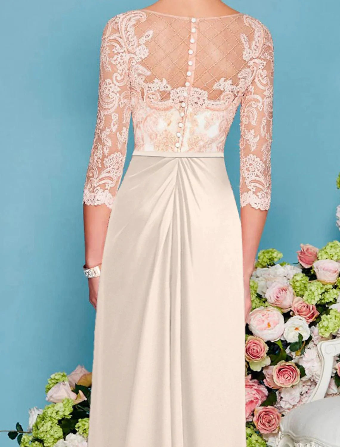 Vestido tubinho/coluna para mãe da noiva, convidada de casamento, luxuoso, elegante, decote redondo, comprimento até ao chão, chiffon, renda, manga 3/4 com aplicações de missangas