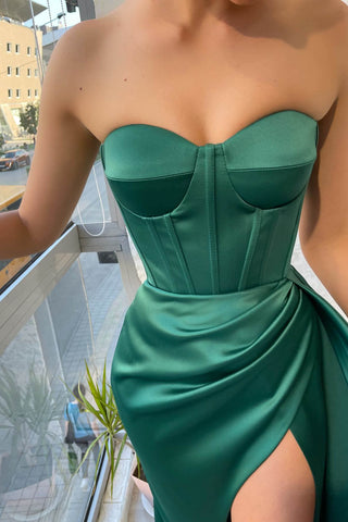 Emerald Green Sweetheart Long Mermaid Satin Prom Dress with Slit