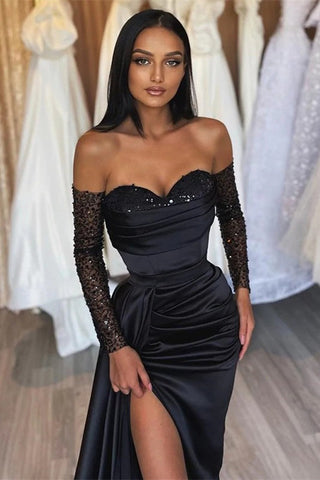 Amazing Long Black Mermaid Split Front Sequined Prom Dress