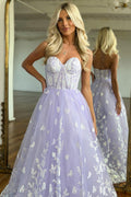 Increíble Vestido de Fiesta Largo Lila en Línea A Sin Tirantes con Corazón y Encaje