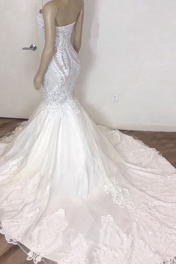 Atemberaubendes langes Meerjungfrau-Trägerloses Applikations-Spitzen Brautkleid