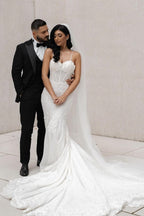 Faszinierendes Meerjungfrau-Spitzenkleid mit Trägern, ärmellos, weißes langes Hochzeitskleid mit Applikationen