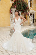 Atemberaubendes Meerjungfrau-Spitzen-Trägerkleid Ärmelloses Weißes Langes Hochzeitskleid Mit Rüschen