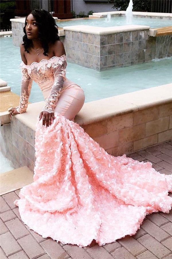 Vestido de festa comprido estilo sereia com apliques de ombros de fora rosa incrível