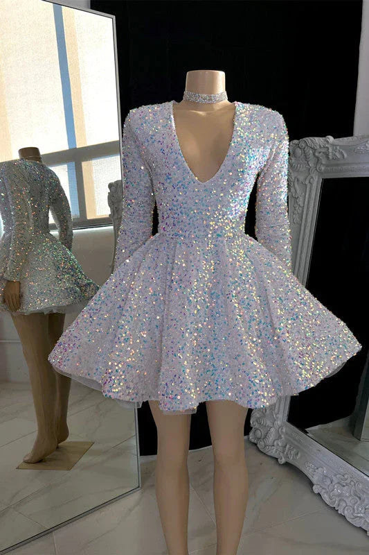 Increíble Vestido de Fiesta Mini Con Escote en V y Línea A Con Abalorios