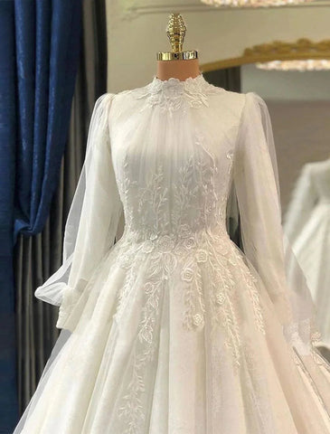 Verlobung Vintage 1940er / 1950er Jahre Formelle Herbst-Brautkleider Ballkleid Hoher Hals Langarm Hofschleppe Spitze Brautkleider mit Falten Applikationen Sommerhochzeitsfeier