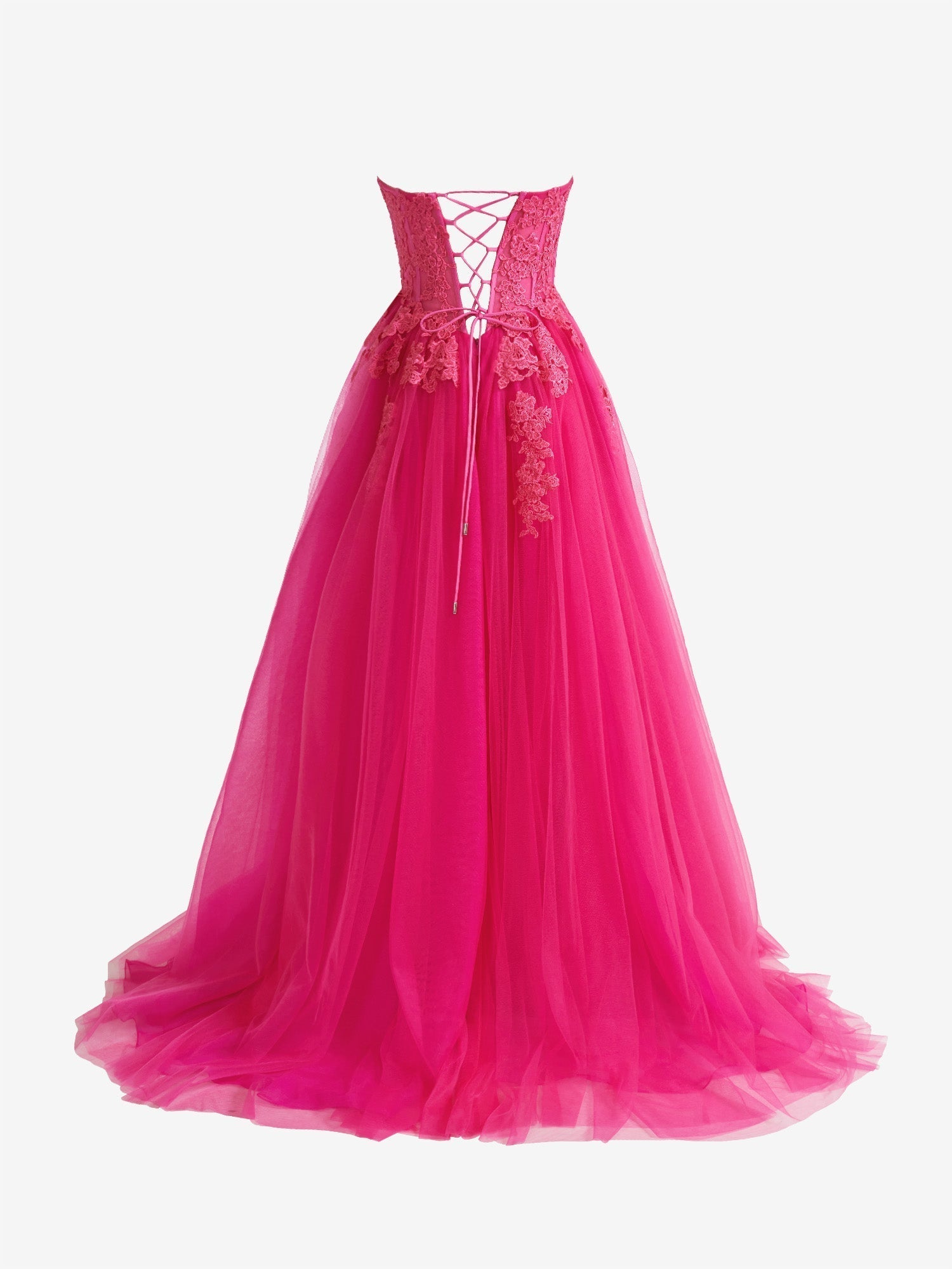 Amora | Vestido de festa comprido, sem alças, em tule e renda, estilo A-Line, rosa choque