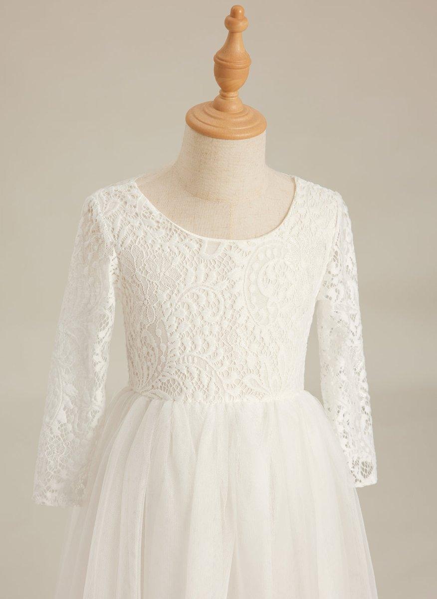 Angelic White Lace A-Line Long Sleeve Tulle Flower Girl Dress