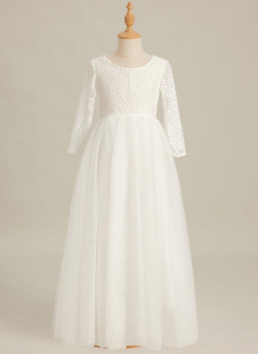 Angelic White Lace A-Line Long Sleeve Tulle Flower Girl Dress